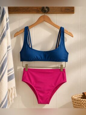 J Crew Colorblock Bikini Sz Medium Heritage 90s Scoop Neck Top HIgh Rise Bottom